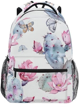 Pink Opuntia Cactus and Cute Butterfly School Backpack, Bookbag for Boys Girls Elementary School Casual Travel Bag Computer Laptop Daypack
