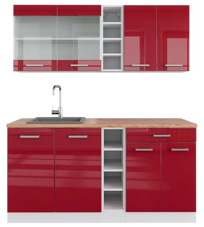 Vicco Singleküche R-Line, Rot Hochglanz/Weiß, 160 cm | 6 Module · Höhenverstellbare Füße · AP Eiche inkl. · Robuste Fronten · Mit offenen Regalen · Frei kombinierbar