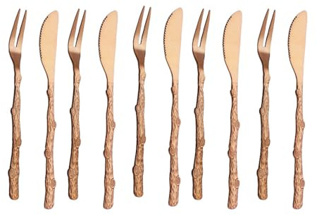(10 Pieces) Branch Stainless Steel Mooncake Knife and Fork Fruit Fork Knife and Fork Set Dessert Mooncake Knife and Fork (Rose Gold)