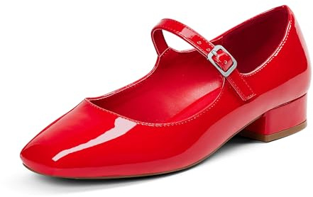 GENSHUO Mary Jane Zapatos de Mujer, Zapatos Planos con Punta Cuadrada, cómodos y Sencillos, con Plantilla Acolchada, Cuero Charol Rojo, 40 EU