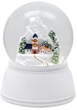 Schneekugel Weihnachten Spieluhr | Bergdorf Kirche | Ornament Sockel weiß | Höhe 140mm Breite 100mm | Musik | 20293