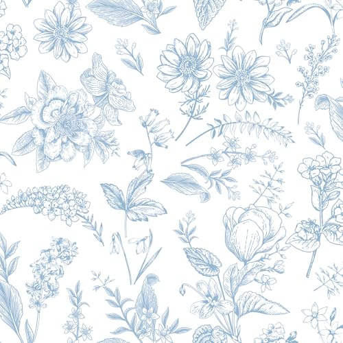 LiKiLiKi Selbstklebende Tapete 44 x 300 cm Blau Blumentapete Vinyl Tapete Boho Wandtapete Wasserfest Klebetapete für Möbel Badezimmer Schlafzimmer