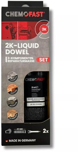 Flüssigdübel 2K Liquid Dowel und Reparaturmasse für ausgerissene Bohrlöcher und Reparaturen ausgebrochener Möbelscharniere in zahlreichen Baustoffen im Innen- und UV-geschützten Außenbereich