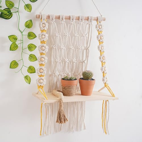 Makramee Wand Hängeregal,Boho Makramee Wandregal,Holz Makramee Schweberegal,Wohnzimmer,Schlafzimmer,Balkon Wanddekorationen (32x50cm)