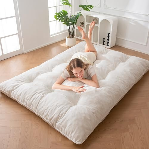 MAXYOYO Futonmadrass, Chenille-tyg, 15 cm tjock, upprullad futon bäddsoffa fyllt strimlat skum, hantverk med knappar, praktisk hopfällbar golvmadrassdyna (ram ingår inte)