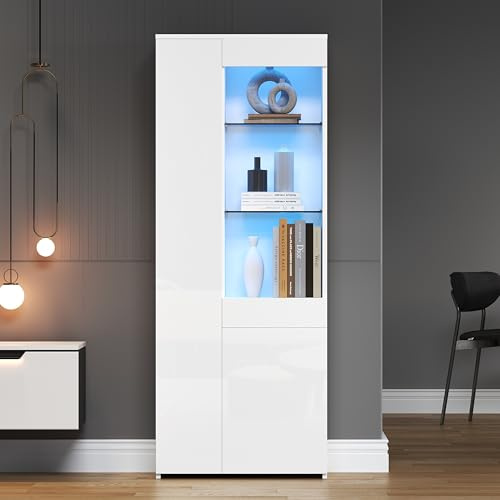 GigaXynium Vetrina con cassetti, vetrina in vetro lucido, con illuminazione a LED, mobile alto, con armadio, vetrina a pavimento, deposito divisorio (bianco, 70 x 35 x 180 cm)