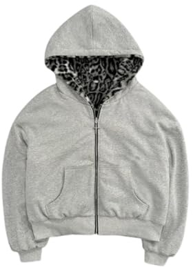 CUTEGAL Zip Up Hoodie Oversized Leopard Print Jacket Reversible Streetwear Fall Grunge Hoodies Streetwear (Grey,Medium)