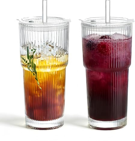 CHUNGG 600ml/2Pcs Ribbed Tumblers with Lids and Glass Straws Iced Coffee Cup, Reusable Coffee Glasses for Water, Cocktail, Whiskey, Soda, Tea, Juice, Smoothie Cup