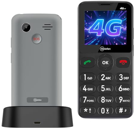 Melefon Téléphone Portable 4G pour Personnes âgées sans contrat, Bouton SOS, Grandes Touches, Facile à Utiliser, écran Couleur 2,2 Pouces, Radio FM, Lampe Torche, Batterie 1400 mAh