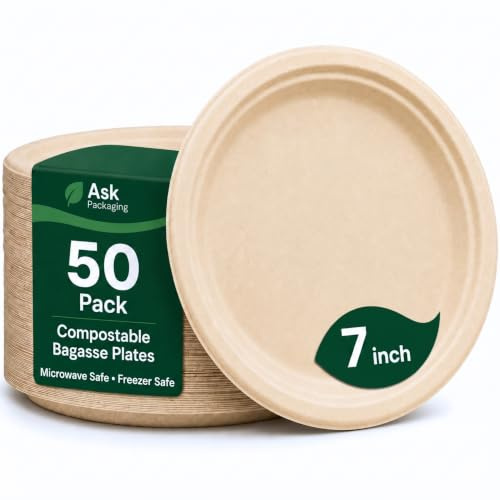 Strong Paper Plates 7 Inch 50 Pack, Natural Disposable Plates for Parties | Bagasse Plates for Hot Food, 100% Compostable & Biodegradable, Microwave Safe, for Weddings, Picnics, Sugarcane Fibre
