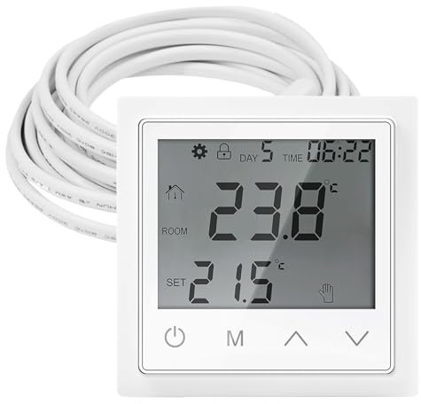 Digital Thermostat, Smart Thermostat, Raumthermostat Fußbodenheizung mit 300CM Kabel, Raumthermostat Touchscreen, Wandthermostat, Raumtemperaturregler für Wandheizung Fußbodenheizung(Weiß)