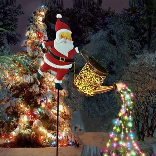 Christmas Santa Solar Kettle Lights Garden Lawn Decorative Lights, Hanging Metal Solar Santa Claus Watering Can with LED Light, Waterproof Outdoor Christmas Kettle Light for Yard Patio, Pathway
