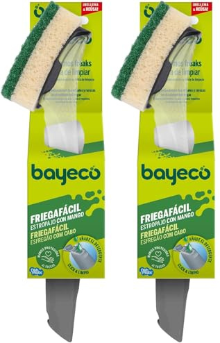 Bayeco - Estropajo con Mango Click & Limpio - Mango rellenable - Evita el contacto directo con la suciedad - Sistema dispensador de detergente - Incluye estropajo sustituible - 1 unidad (Paquete de 2)