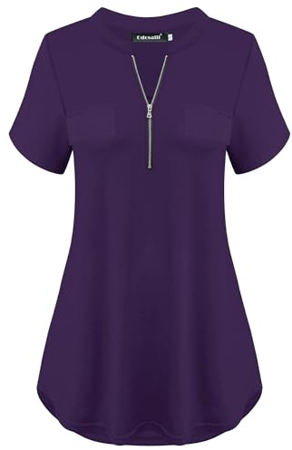 Odosalii Chemisier à carreaux avec col en V et manches 3/4, manches courtes, fermeture éclair, tunique haute, chemise longue, B - Violet - Manches courtes, 3XL