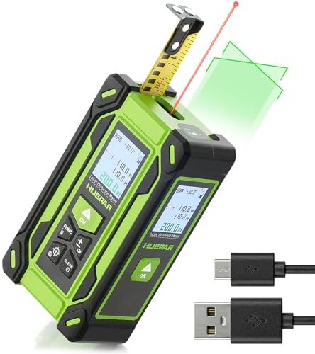 Digital Laser Tape Measure 4-in-1, HUEPAR ±2mm Laser Measure with Dual HD Display, 60m Rechargeable Laser Measurement&10m Green Cross Line Laser&3m Tape, for Area/Volume/Pythagorean/Leveling