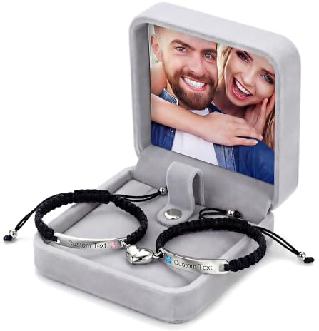Fanery Sue Bracciali Coppia Personalizzati, Bracciale Regolabile con Piastra Incisa, Regalo per Lui e Lei, Bracciale di Amicizia con Eleganter Scatola Regalo (argento & nero)