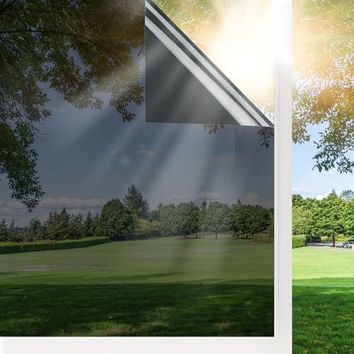 Shackcom Spiegelfolie Selbstklebend Fensterfolie One Way Spiegel Reflektierende Sichtschutzfolie 90x200cm Sonnenschutzfolie 99% Anti-UV Schutz Wärmeisolierung Sonnenschutz Fensterfolie- Schwarzgrau