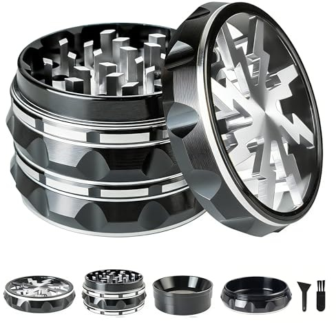 4-Piece Herb Grinder, Black and Silver, Aluminium, with Pollen Catcher, Cleaning Brush and Scraper
