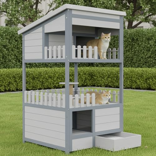 Casa para gatos al aire libre, madera de abeto, resistente a la intemperie, de madera maciza, resistente al invierno, con cajón de arena galvanizado, 68 x 64 x 124 cm, gris
