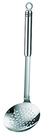RÖSLE Schaumlöffel flach grob gelocht, Hochwertiger Abseihlöffel mit Rundgriff, Edelstahl 18/10, spülmaschinengeeignet, 37 x 12 x 8.2 cm, Silber