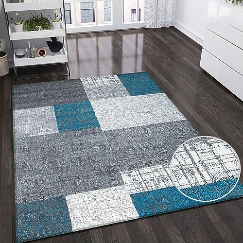 VIMODA Teppich Kurzflor in Türkis Blau Grau und Weiß Wohnzimmer Teppiche Modern Kachel-Optik Pflegeleicht, Maße:200x290