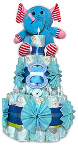 Windeltorte | Kleine Windeltorte mit Elefant (blau) | Geschenk zur Geburt für einen Jungen Taufgeschenk