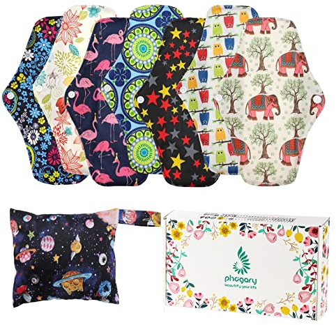 Reusable Menstrual Pads (7 in 1, 10in*7in), PHOGARY Bamboo Cloth Pad for Heavy Flow with Wet Bag, Large Sanitary Pads Set with Wings for Women, Washable Overnight Cloth Panty Liners Period Pad