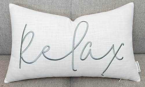 Rudransha Relax Embroidered Lumbar Pillow Cover – 12x20 Ivory Cotton