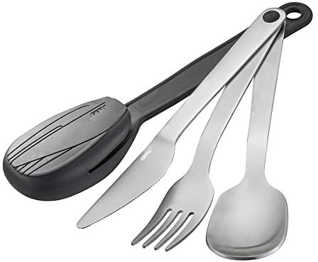 GEFU MOVE 4‑teiliges Edelstahl‑Besteck‑Set inkl. Filztasche | Messer, Gabel, Löffel mit Ösen – nachhaltig, robust & unterwegs