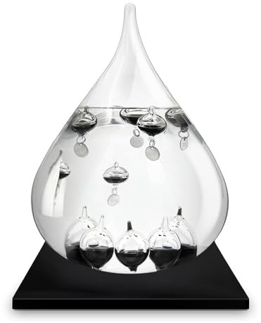 MikaMax Galileo Thermometer XXL - Tropfenform mit Holzständer, 27 cm - Dekoratives Wetterinstrument - 9 Kugeln zur Temperaturanzeige in Celsius - Schwarz