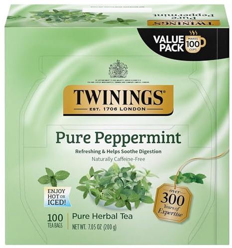 Twinings Pure Peppermint Herbal Tea Individually Wrapped Bags, 100 Count (Pack of 1), Fresh Minty Flavour, Naturally Caffeine-Free, Enjoy Hot or Iced, 100 Teabags