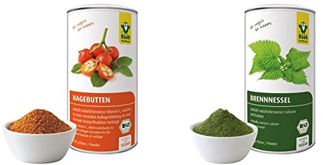 Raab Vitalfood Bio Hagebutten-Pulver mit pflanzlichen Omega-3 & 6-Fettsäuren & Bio Brennnessel-Pulver mit natürlichem Calcium, Magnesium und Kalium