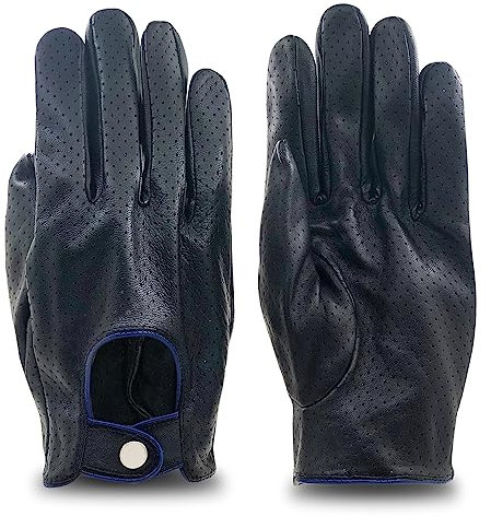 ZLUXURQ Mens Full Mesh Leather Driving Gloves Unlined -Soft and Thin Italian Lambskin Black & Blue