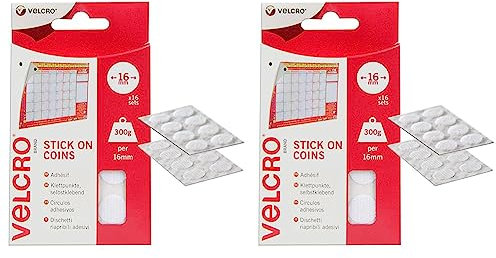 VELCRO Brand Stick On Coins Double Sided Hook & Loop Self Adhesive Sticky Coins Perfect for Room Décor & Home, Office, Garage Use White 16mm x 16mm Set of 16 (Pack of 2)