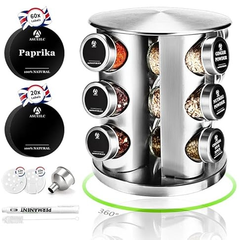 Asueilc DSUID Rotating Spice Rack(Compact), Condiment Holder with 12 Spice Jars, Seasoning Rack with With Labels in English, Spice Shelf Rotated 360°, Outdoor Barbecue Portable Seasoning Organizer