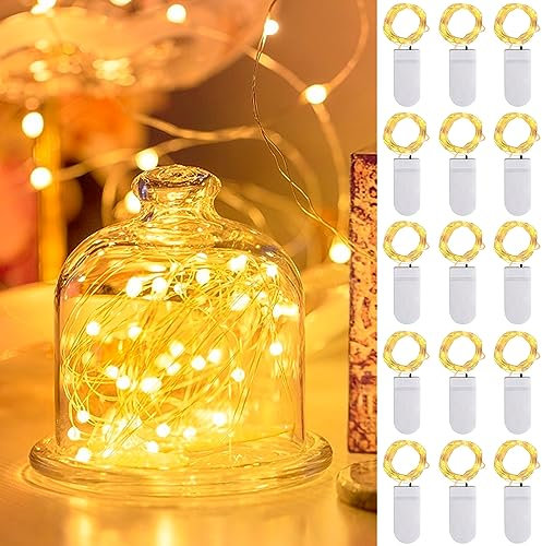 AOUVT Lot de 15 Guirlande Lumineuse à Piles, Guirlande lumineuse 2m 20 LEDs, Mini guirlandes LED étanches, Pour Bouteilles, Décoration de Meubles, Mariages, Noël - Blanc Chaud