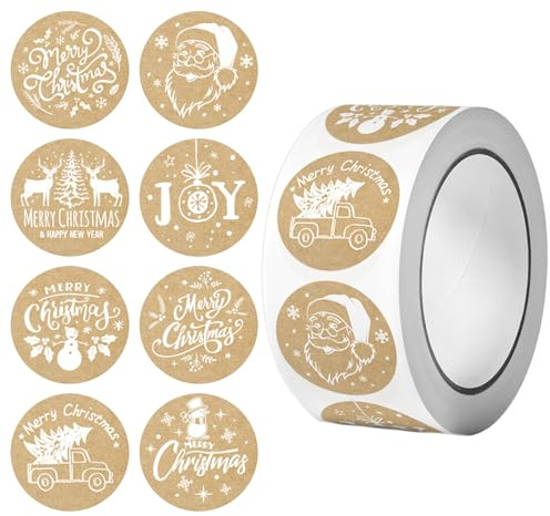 Feliciay 500 Stück Weihnachten Aufkleber, Kraftpapier Weihnachtsaufkleber auf Rolle Vintage Selbstklebend Weihnachtssticker Frohe Weihnachten Sticker für Weihnachtsdeko Geschenkaufkleber(Weiß)