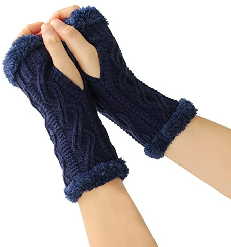 1 Paar Damen Fingerlose Handschuhe,Winter Warmhalten Armstulpen Gestrickte Kurzhandschuhe Halbe Fingerhandschuhe mit Fleece Futter,Strickhandschuhe Armhandschuhe für Outdoor Aktivitäten,Dunkelblau