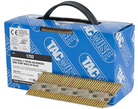 Tacwise 1752 Extra Verzinkte Rahmennägel 2,8/50 mm, D‘-Kopf, Ringschaft, mit 34° Neigung, Papiergebunden, Packung mit 1600 Stück