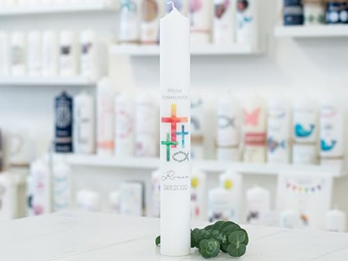 meinkerzenshop Kommunionkerze mit Designdruck Roman personalisiert mit Name und Datum, individuell für Junge und Mädchen