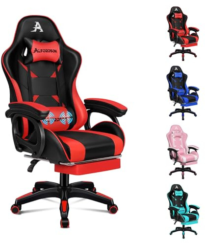 ALFORDSON Gaming Stuhl Massage Gamer-Stühle, ergonomischer Bürostuhl Computerstuhl einziehbar Fußstütze,ergonomisch Schreibtischstuhl bis 180 kg, 360° Drehstuhl Rückenlehne 90-150°neigbar,PU-Leder,Rot