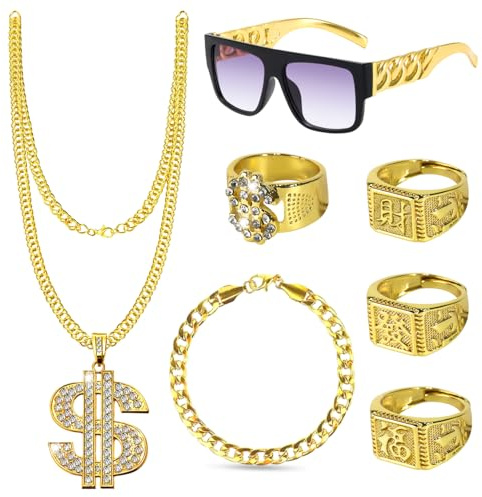 Dncvb 8 stycken hallklädsel, hiphop-kostym-kit, rapper kostym tillbehör, guldkedja män gangster Gang solglasögon gyllene dollar kedja ring hanzi-ringar för 80-talet 90-talet outfit herrtillbehör