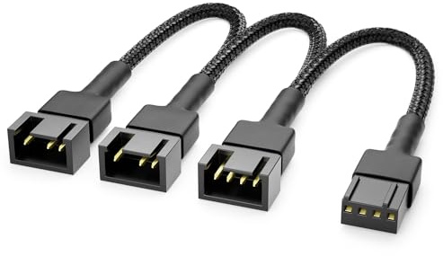 deleyCON 20cm 4-Pin PWM Lüfter Verteilerkabel Nylonmantel - Schwarz | Kurzes 20cm, 1x 4-Pin zu 3x 4-Pin Stecker, Lüfterkabel Splitter, Lüfter regulieren, für PC und Computer