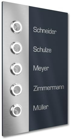 Graviers Design Sonnette d'immeuble avec LED Bouton de sonnette 5 noms gravure - V2A acier inoxydable 140x220 mm revêtu par poudre RAL 7016 - encastrement au choix en saillie