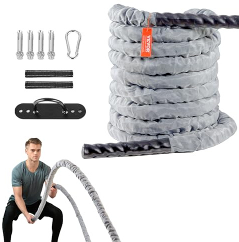 VEVOR Corde de combat, 38 mm, corde d'entraînement en polyester, 9,1 m, équipement d'exercice lourd avec manchon de protection et ancre, pour la salle de gym à domicile, renforcement musculaire, gris