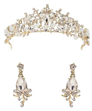 Damen Schmuckset Tiara mit Ohrringen, Diadem Krone mit Strasssteinen, Perlen, weiß