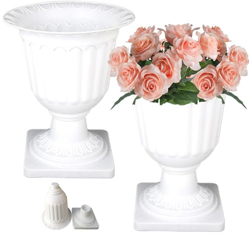 Plastikurne Pflanzer Urne Pflanzer 2pcs 13,8 Zoll Plastik weißer Garten Pflanzer Urnen mit Sockelvase Retro Hochzeitsblumtopf Klassiker dekorativen Außenpflanzgefäß für Hochzeitskirchen Veranda Balko