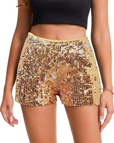 LLECDASEUI Pailletten Shorts Für Frauen, Glitzernd Gerades Bein Kurz Glitzer Glitzernde Hot Pants Solide Party (XL,Gold)