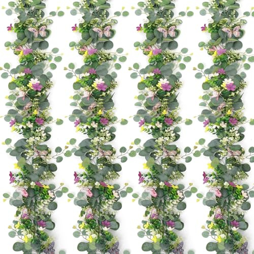 ASTNIC 4 Piezas Guirnaldas de Flores Artificiales Decoracion, 5.68 pies Eucalipto Enredaderas Artificiales con Flores y Mariposa 3D, Plantas Artificiales Decorativas, Decoracion Pared, Hogar, Boda