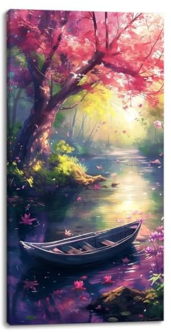 ZOMNAI Beautiful Lake Scenery with Tall Red Leafed Tree and Boat In Pond Wall Art Decor Artwork for Bedroom (30x60 Inches)